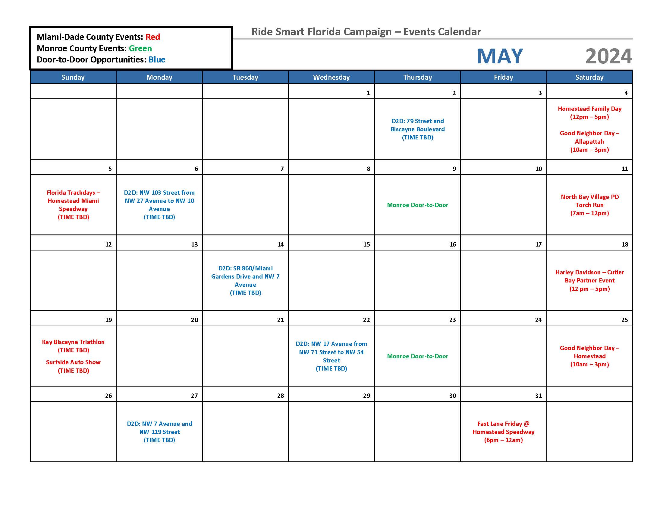 May Calendar of Events for Ride Smart Florida