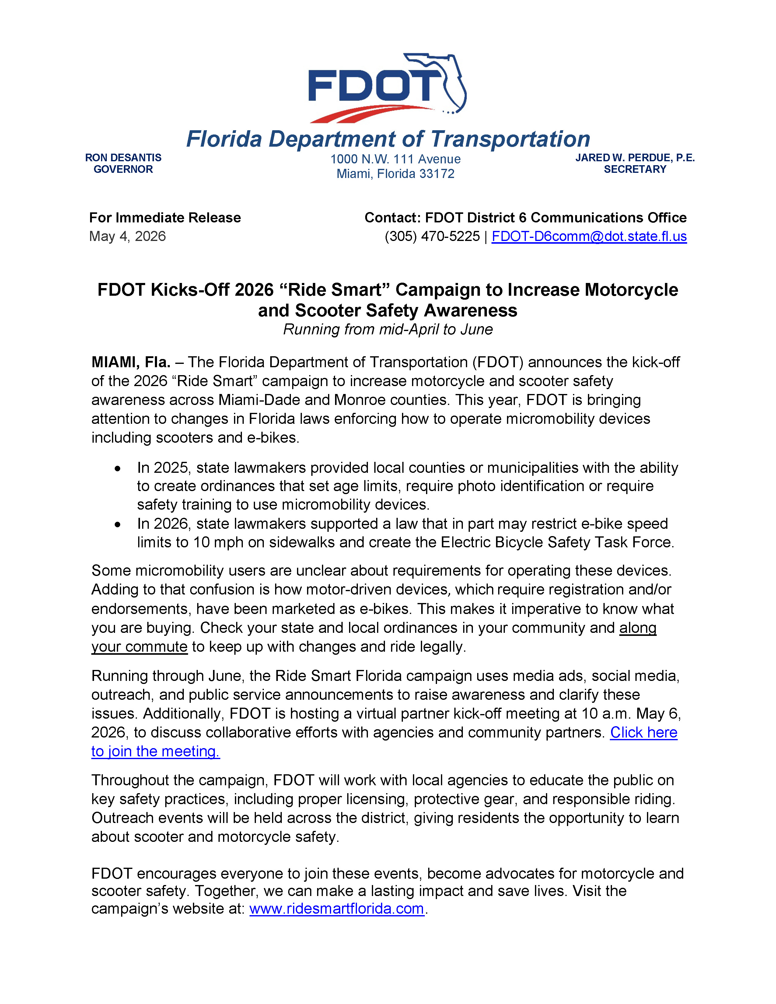 Cover page of the Ride Smart Florida 2026 press release