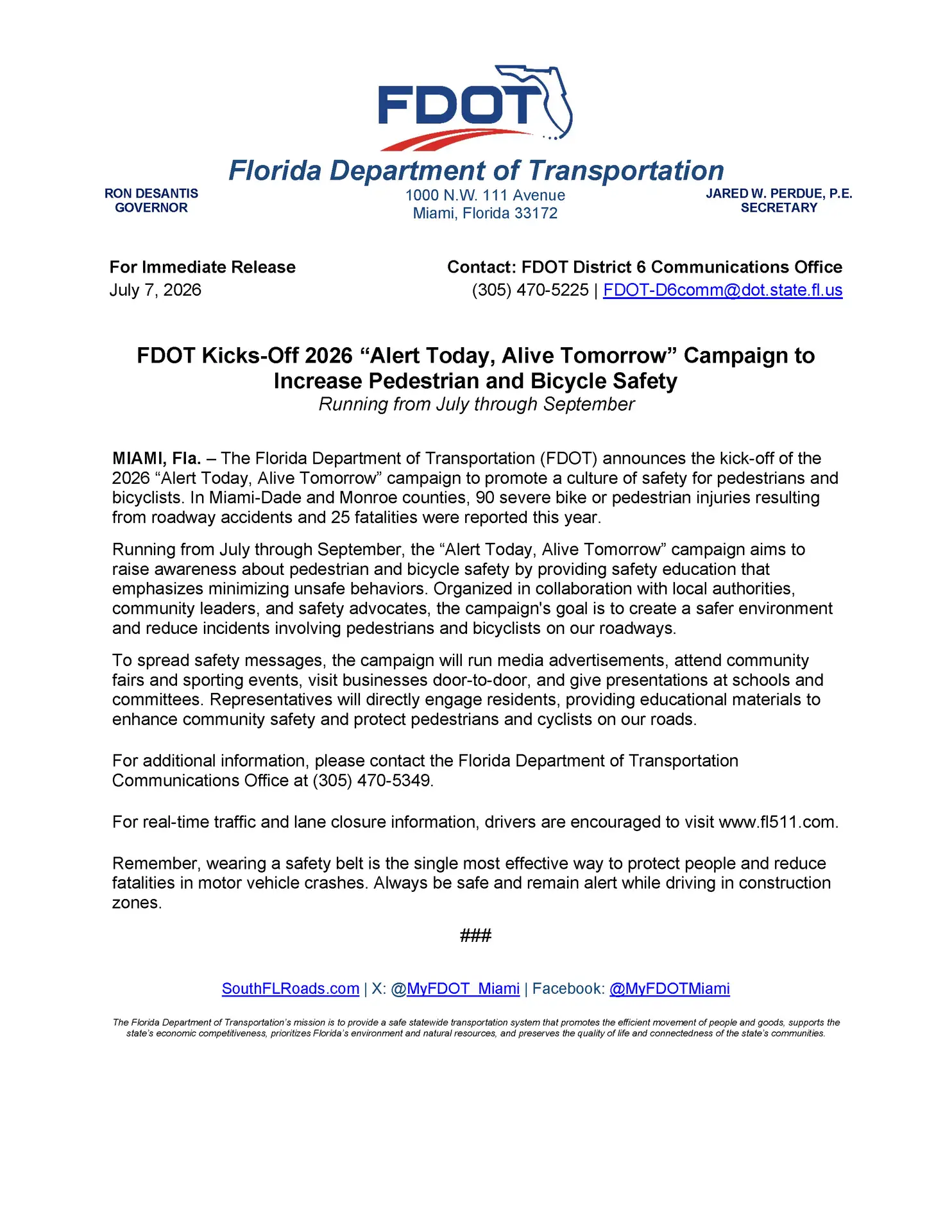 FDOT 2026 Alert Today Alive Tomorrow Press Release